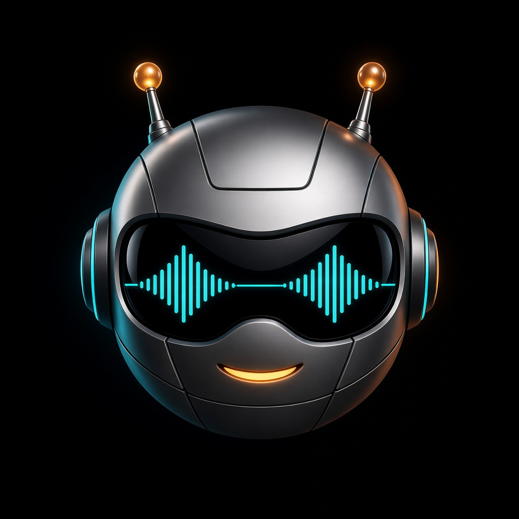 Doc Mastro, a silver spherical robot with teal waveform eyes and an amber smile